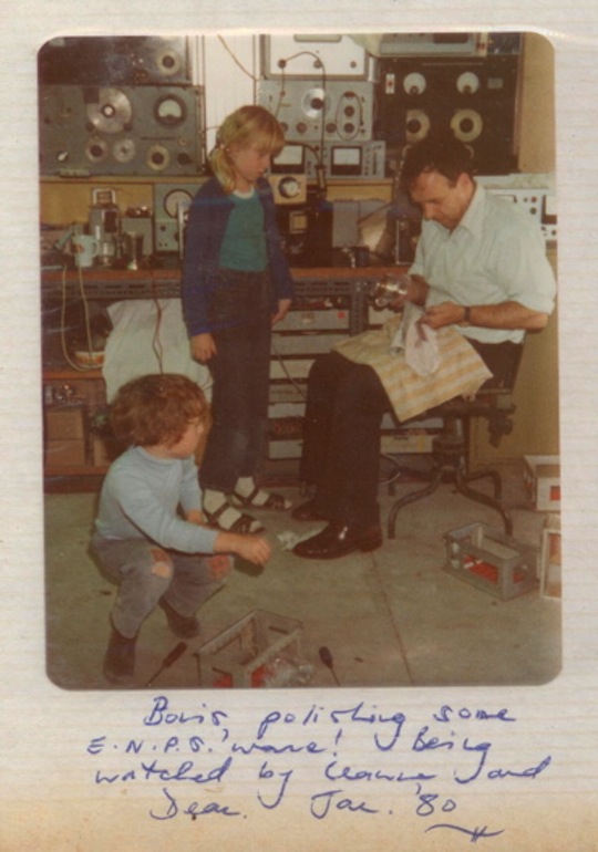 Dean, his Sister and their Dad cleaning a giant electrical valve in his the garage - Jan 1980 - Image Doreen Homicki